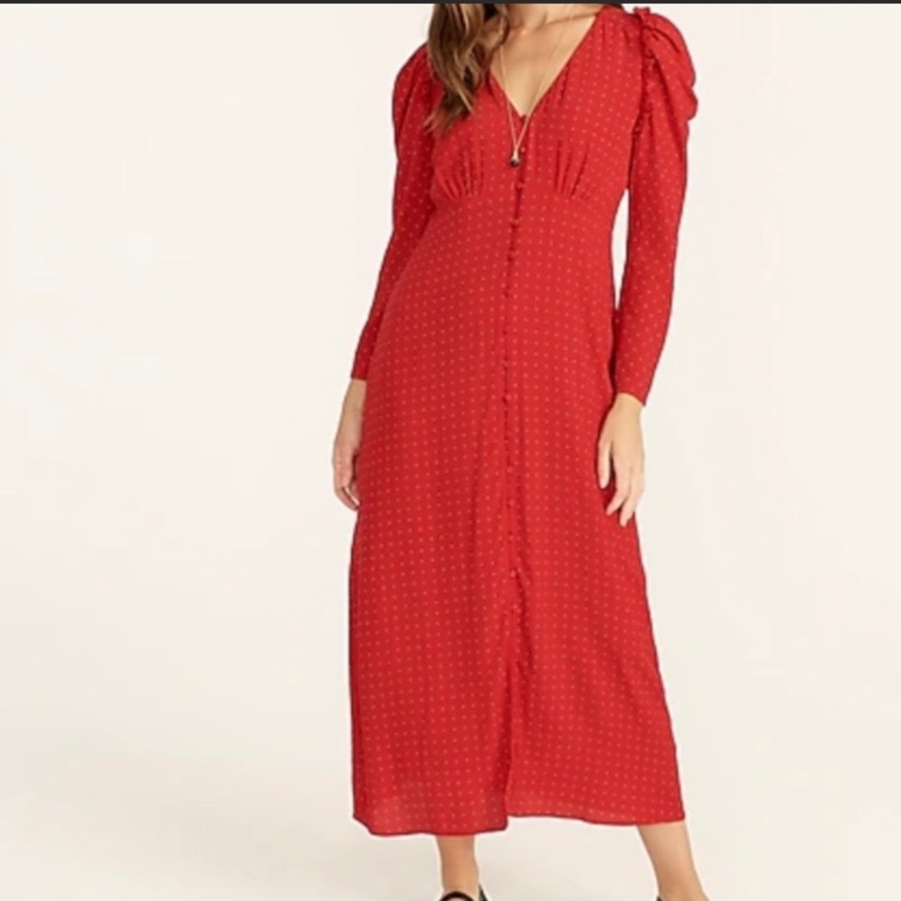 J Crew Drapey puff-sleeve dress in pin dot.